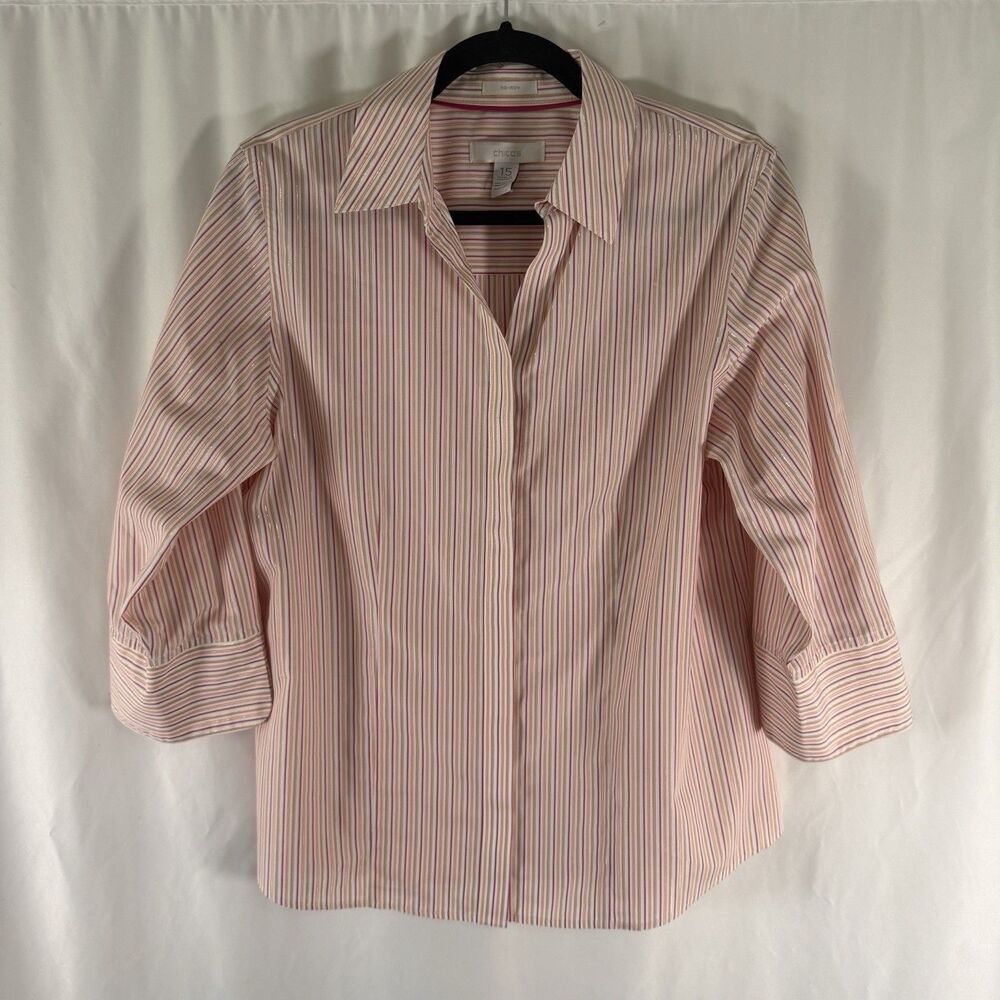Chico's Blouse Women's 10 Pink Orange Striped V-Neck Collared 3/4 Sleeve